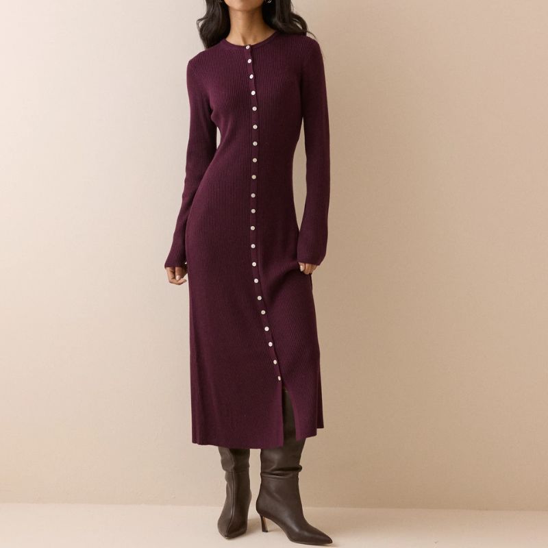 Burgundy Ribbed Knitted Midi Dress on model