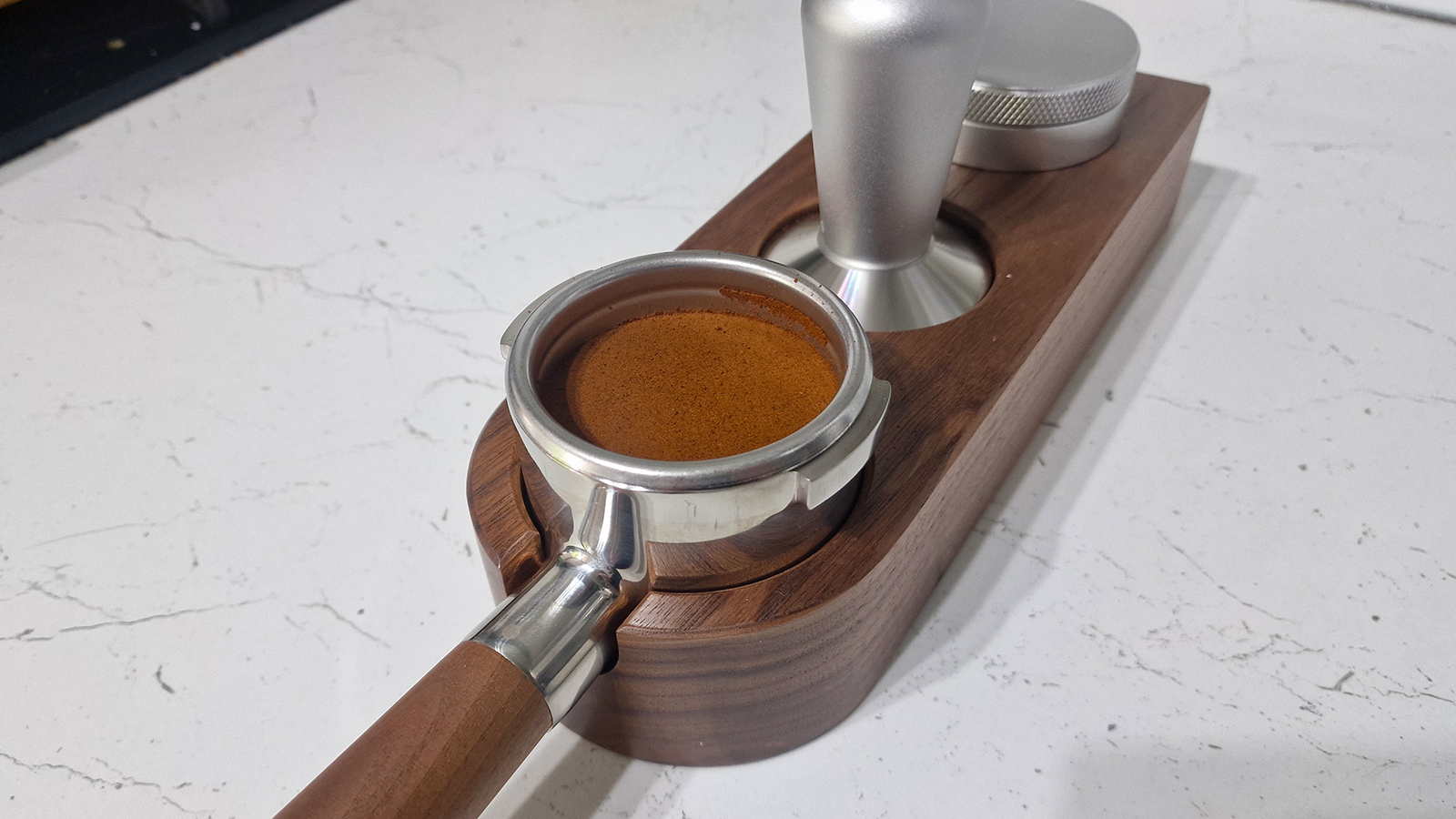 Tamped puck in the Meraki espresso machine