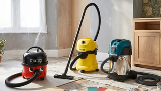 Three of the best vacuum cleaners for builder's dust in a room that's being decorated with plastic sheet on window and colour swatches on the floor