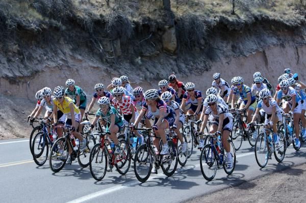 The women's field on the climb and not too worried about the break.