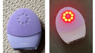 The Foreo Luna 4 Plus shown both on and off, to show the LED lights