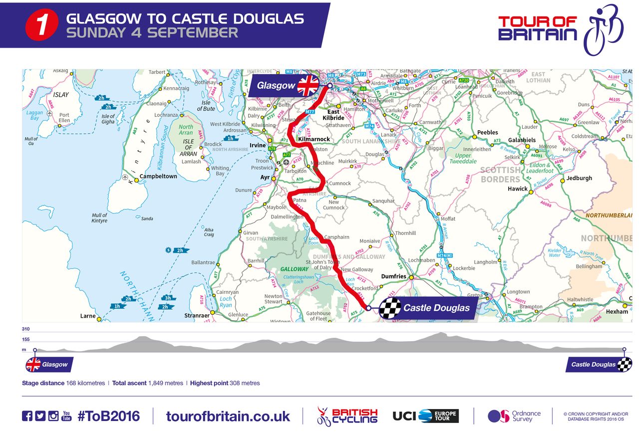 2016 Tour of Britain stage 1 map and profile