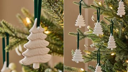 A side-by-side close-up of scented Christmas tree ornaments on a lit tree