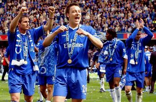 Frank Lampard, left, celebrates with his team-mates after winning the Premiership title for the first time in Mourinho's first season