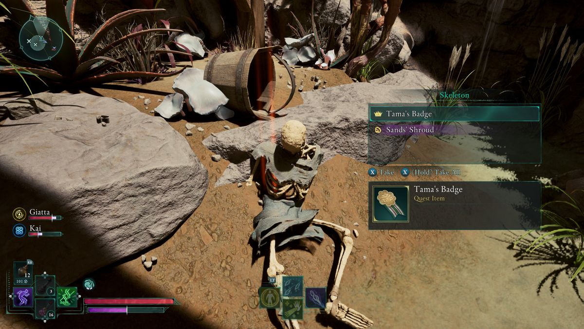 Avowed - A skeleton in the desert with Tama's Badge lootable from it.