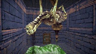 An image from RPG Dread Delusion. There is a pale and bloated creature hanging from the ceiling of a stone room.