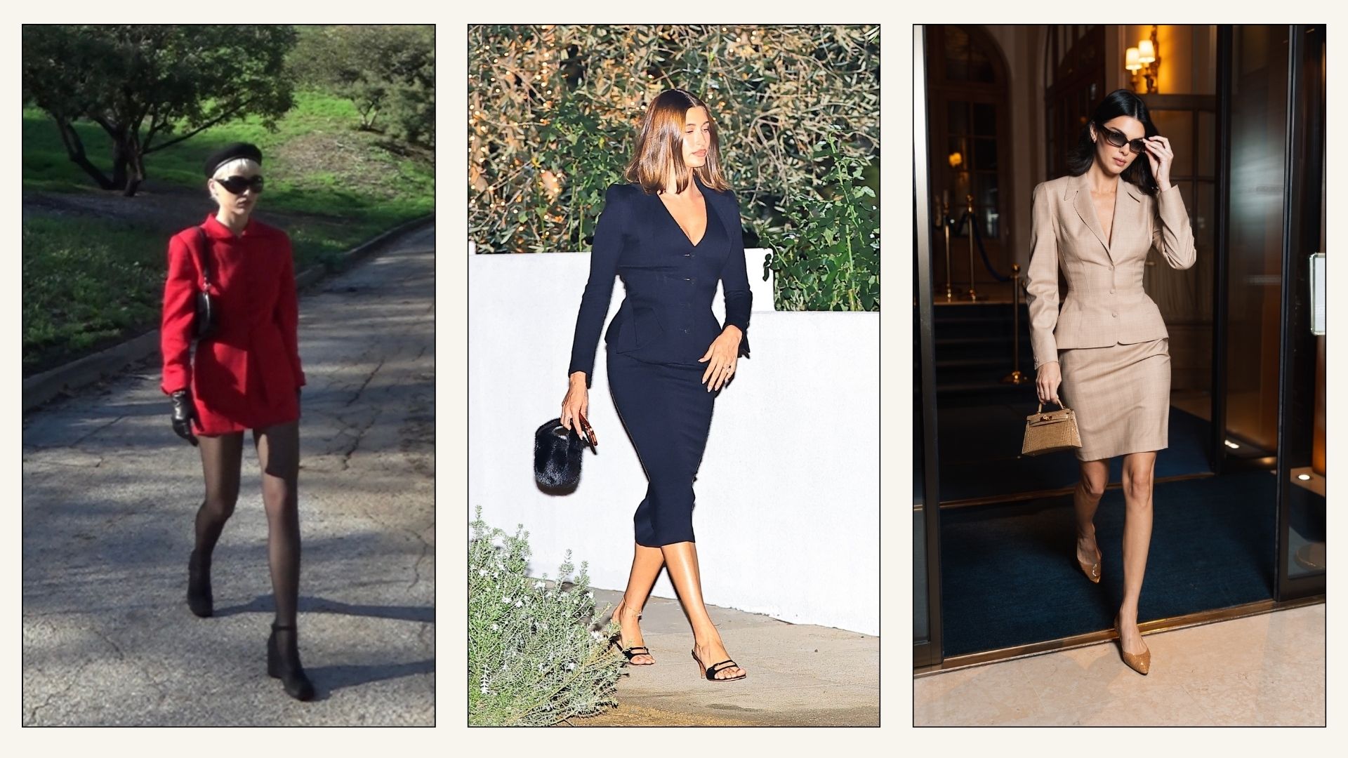 Collage of Emma Chamberlain, Hialey Bieber and Kendall Jenner wearing skirt suits.