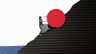 A collage image of a woman pushing a rock up a hill