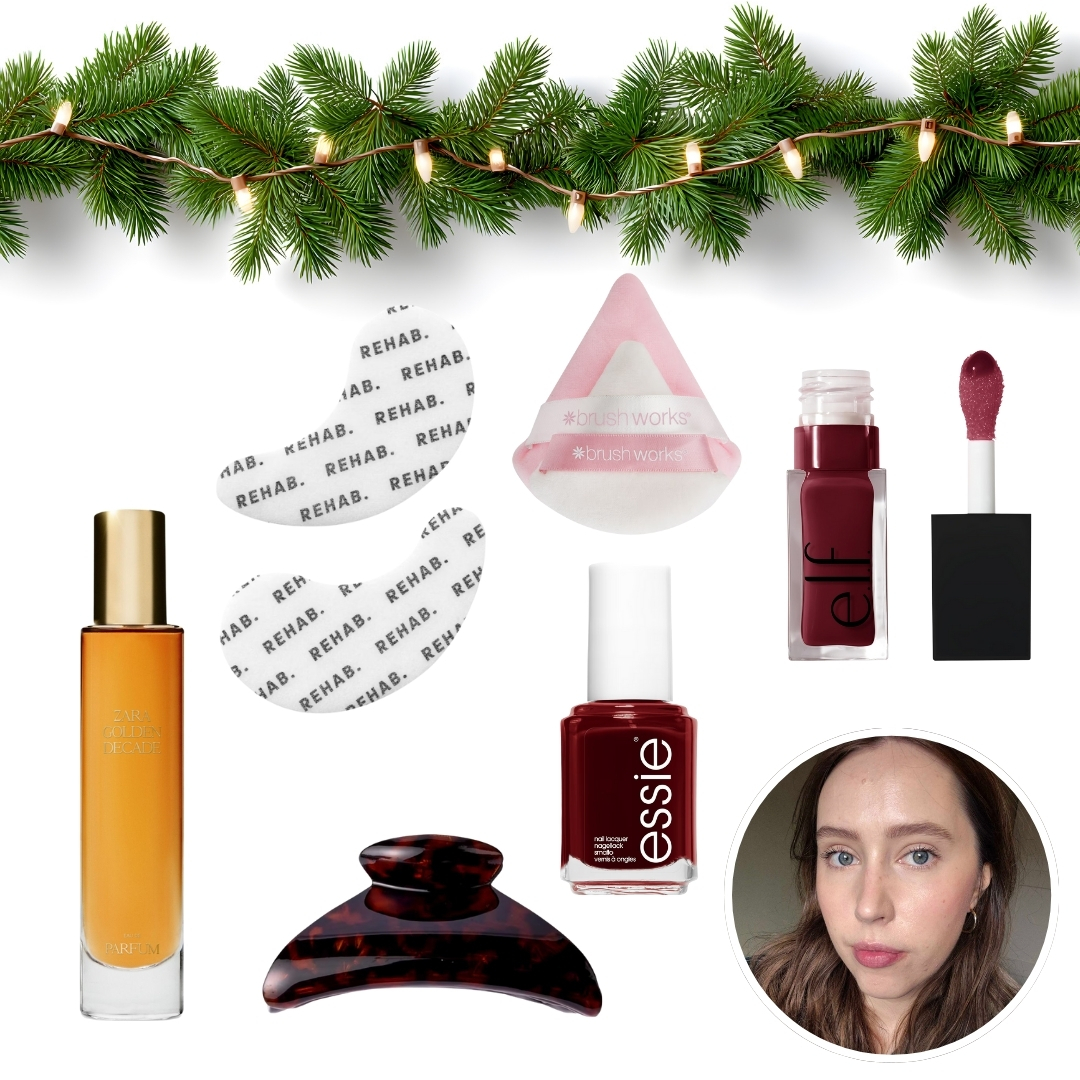 Green garland at top of image, a collage of beauty stocking fillers, with circular photo of Naomi Jamieson in bottom right