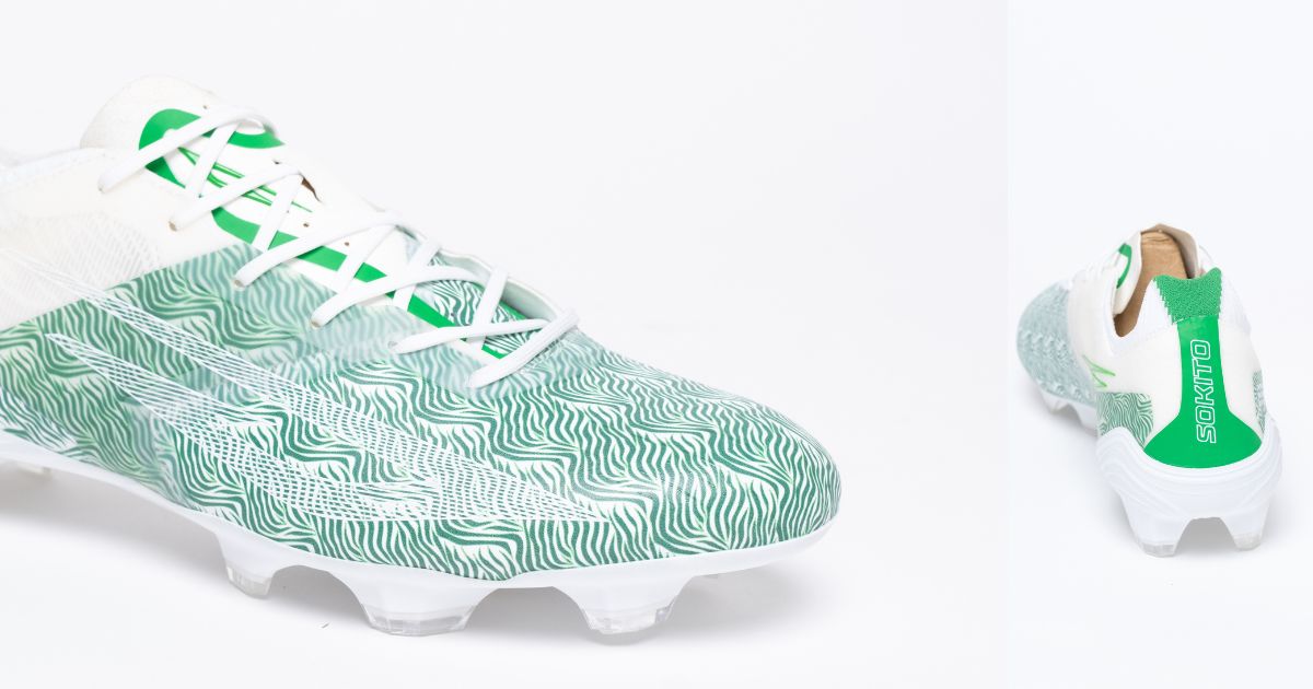 Two shots of a green Sokito football boot