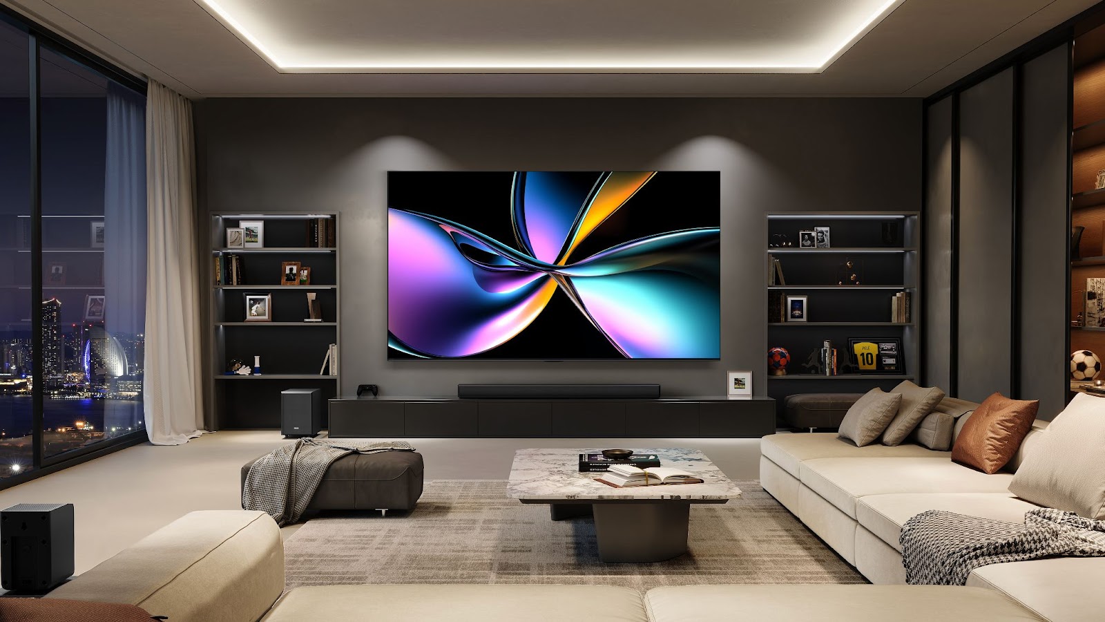 Promotional images for 100 -inch Hisense TVs