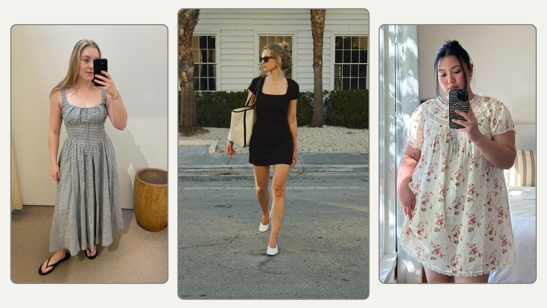 Three women wear Reformation, Doen and Sezane dresses