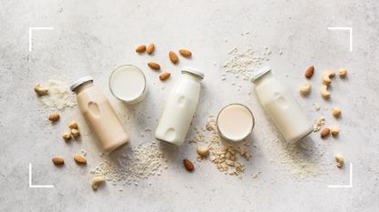 A selection of milk alternatives, including almond, oat and soy milk