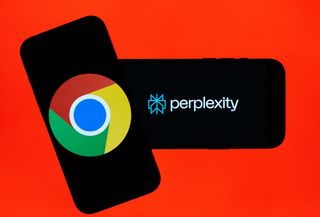 The logos of Perplexity and Chrome on smartphones arranged.