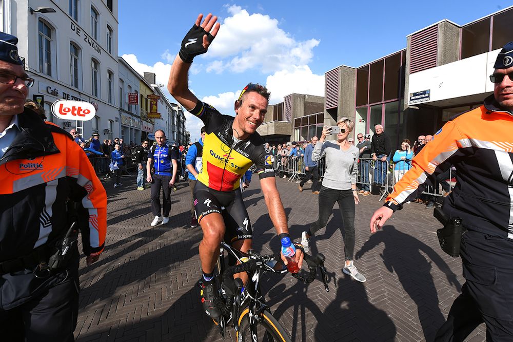 Philippe Gilbert celebrates after winning stage 1 at Three Days of De Panne