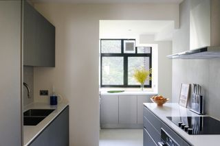 minimalist kitchen in white and light grey and forest views on window