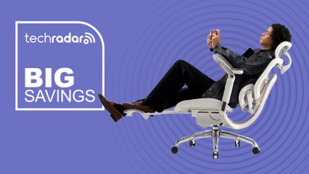 A person relaxing on the Sihoo C300 Pro V2 against a purple background next to a TechRadar badge that reads 'Big Savings'
