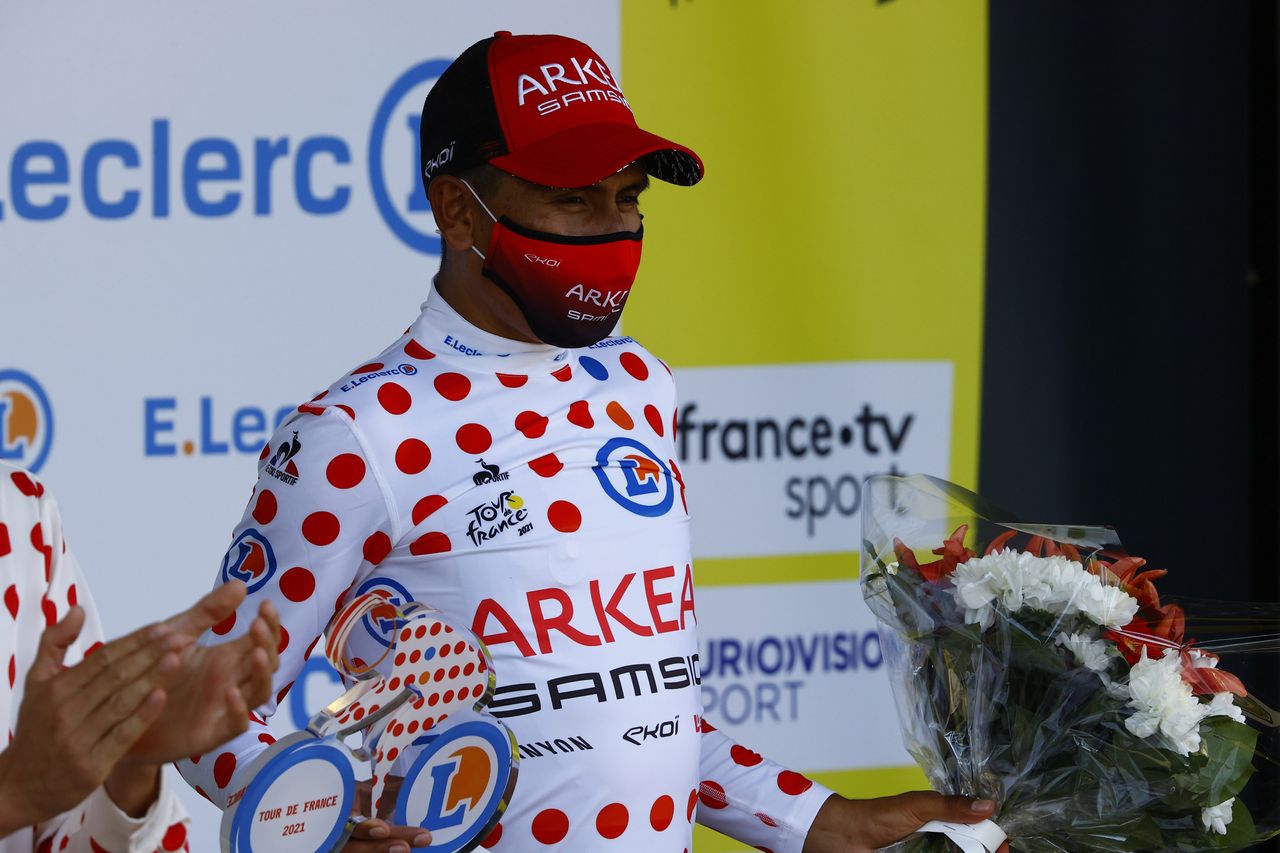 Nairo Quintana (Arkea-Samsic) in the mountains jersey after stage 13 of the Tour de France in Carcassonne
