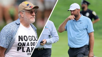 Split image of an Extinction Rebellion protester (left) and Scottie Scheffler (right) at the 2024 Travelers Championship