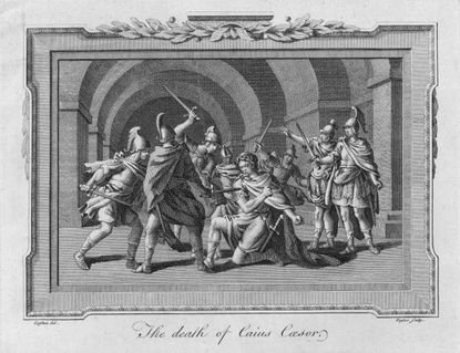 An engraving depicting the death of Julius Caesar.