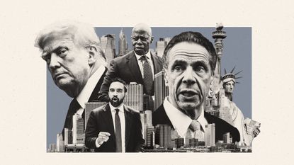 Photo composite illustration of Zohran Mamdani, Eric Adams, Andrew Cuomo and Donald Trump alongside the Manhattan skyline