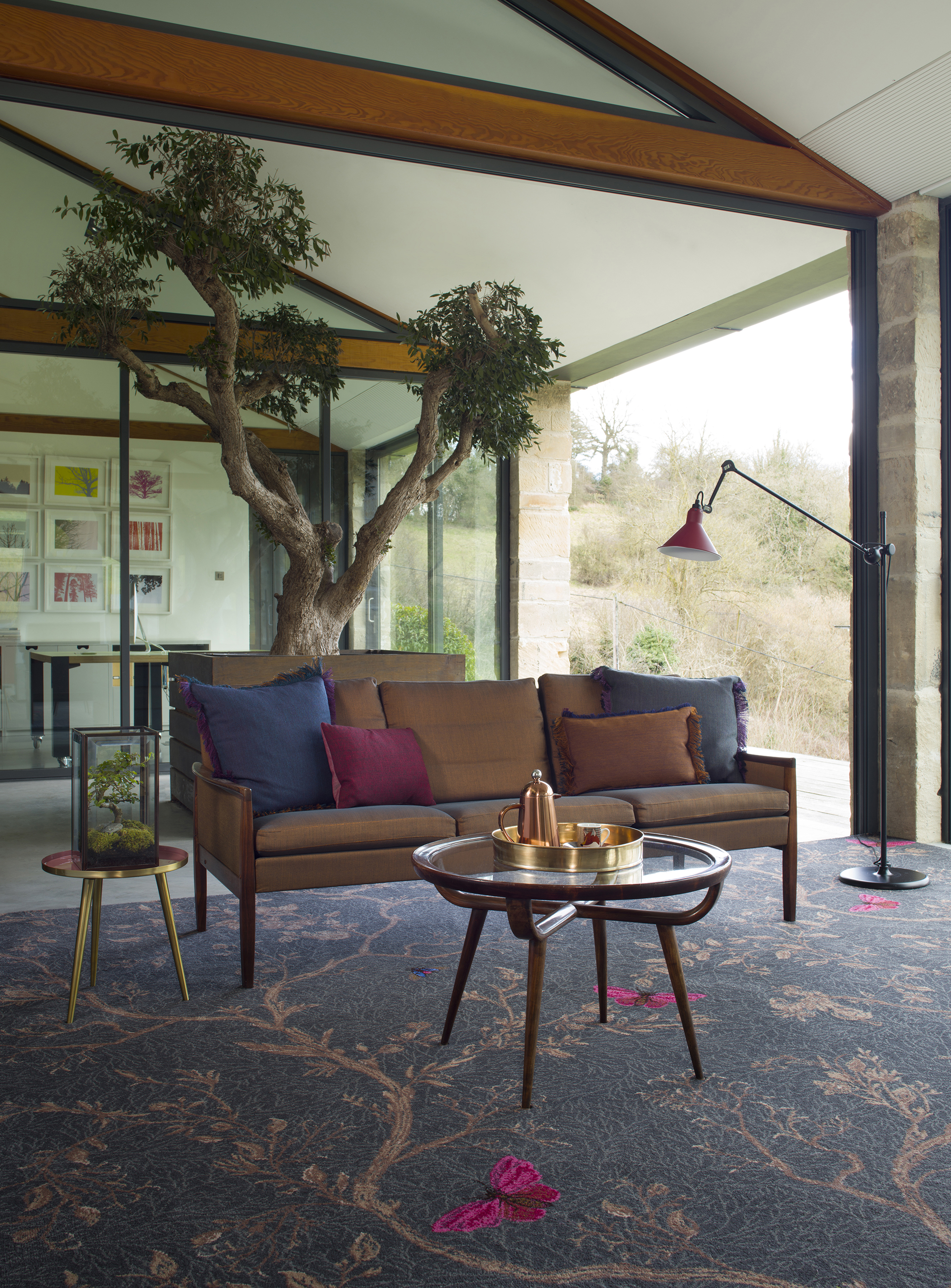 Living room with carpet and leather sofa