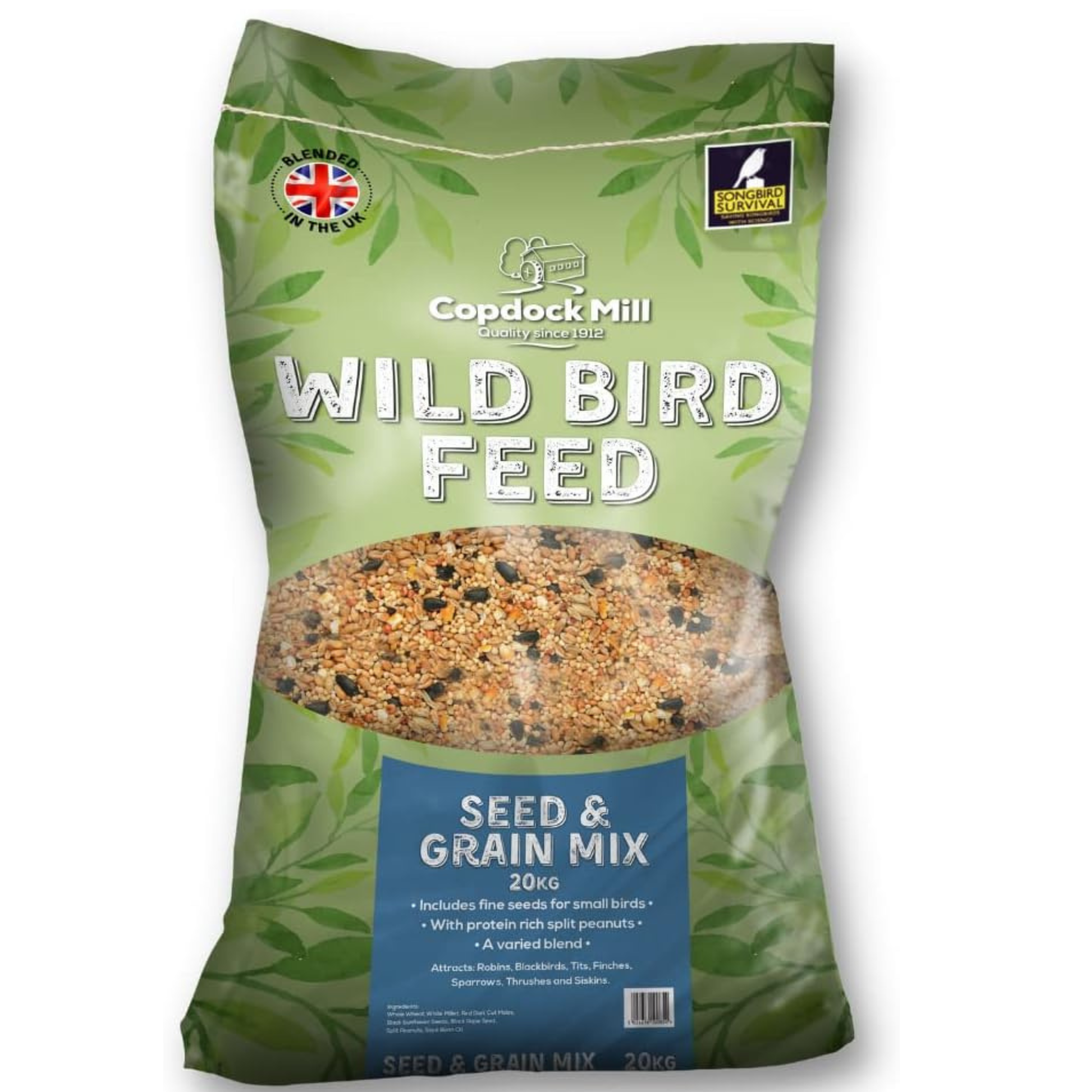 Copdock Mill Wild Bird Seed &amp;amp; Grain Mix 20kg Bag All Year Round High Energy Wild Bird Food 100% Natural Ingredients Including Sunflower Seeds and Peanuts