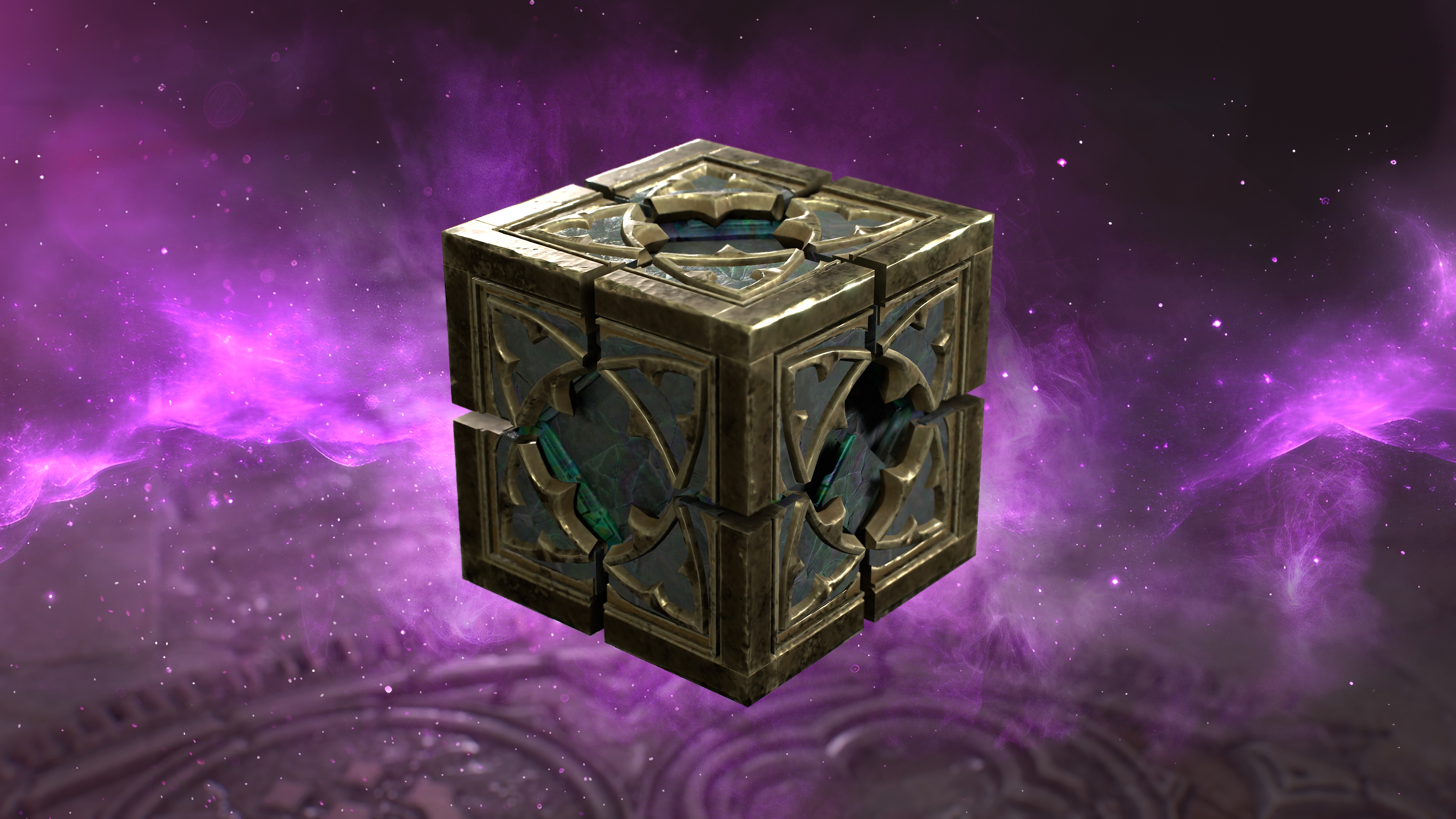 A metallic, ornate cube with intricate carvings and mystical blue accents hovers against a swirling purple and black cosmic background