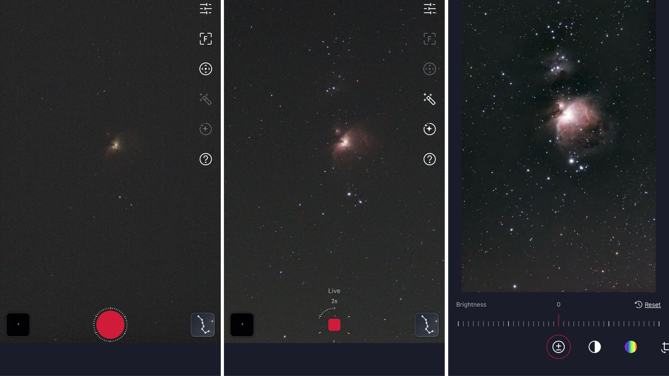 screenshots of the orion nebula from the ZWO SeeStar S30 Pro app