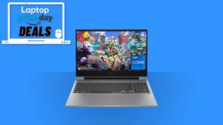 HP Omen 16 gaming laptop on a blue background with a Prime Day deals badge