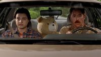 John (Max Burkholder), the irrepressible Ted, and John's dad Matty (Scott Grimes) behind the wheel of their car.