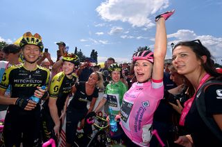 Annemiek van Vleuten celebrates her Giro Rosa victory with her Mitchelton-Scott teammates