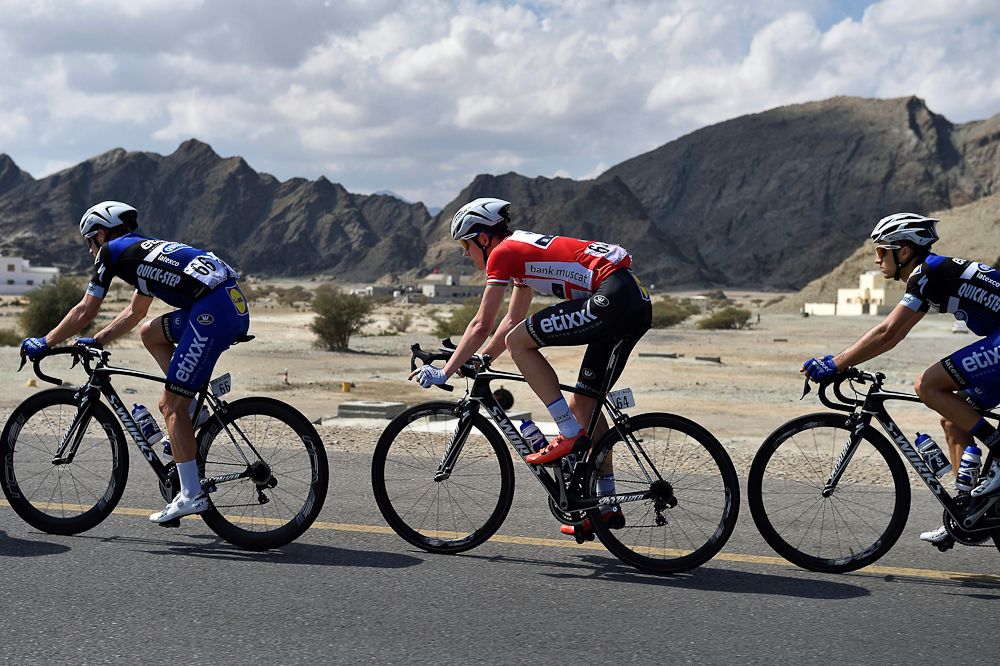 Race leader Bob Jungels rides in the bunch during stage 2 in Oman.