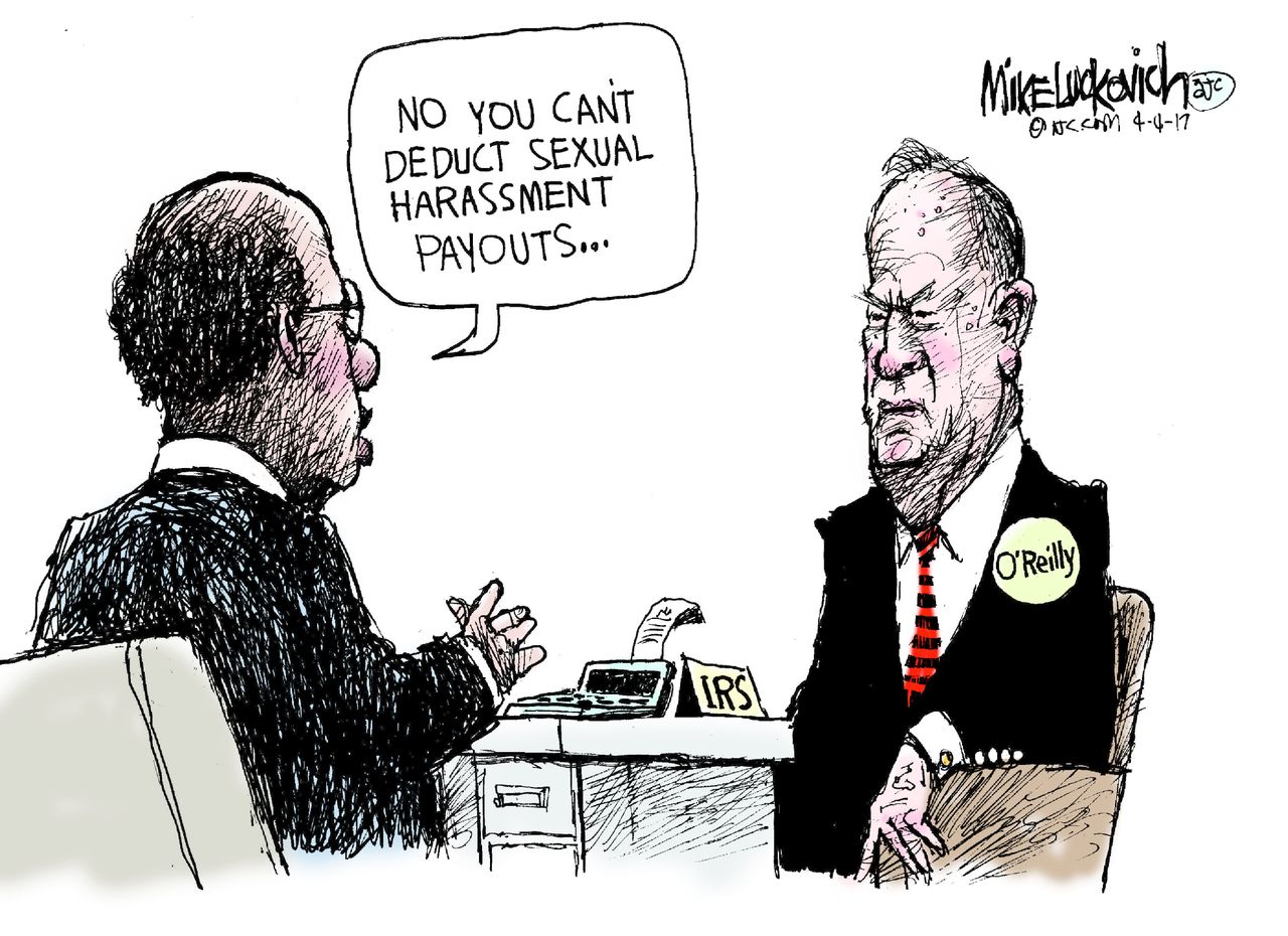 Political Cartoon U.S. Bill O&amp;#039;Reilly Fox news sexual harassment IRS tax deduction