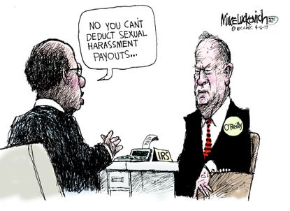 Political Cartoon U.S. Bill O'Reilly Fox news sexual harassment IRS tax deduction