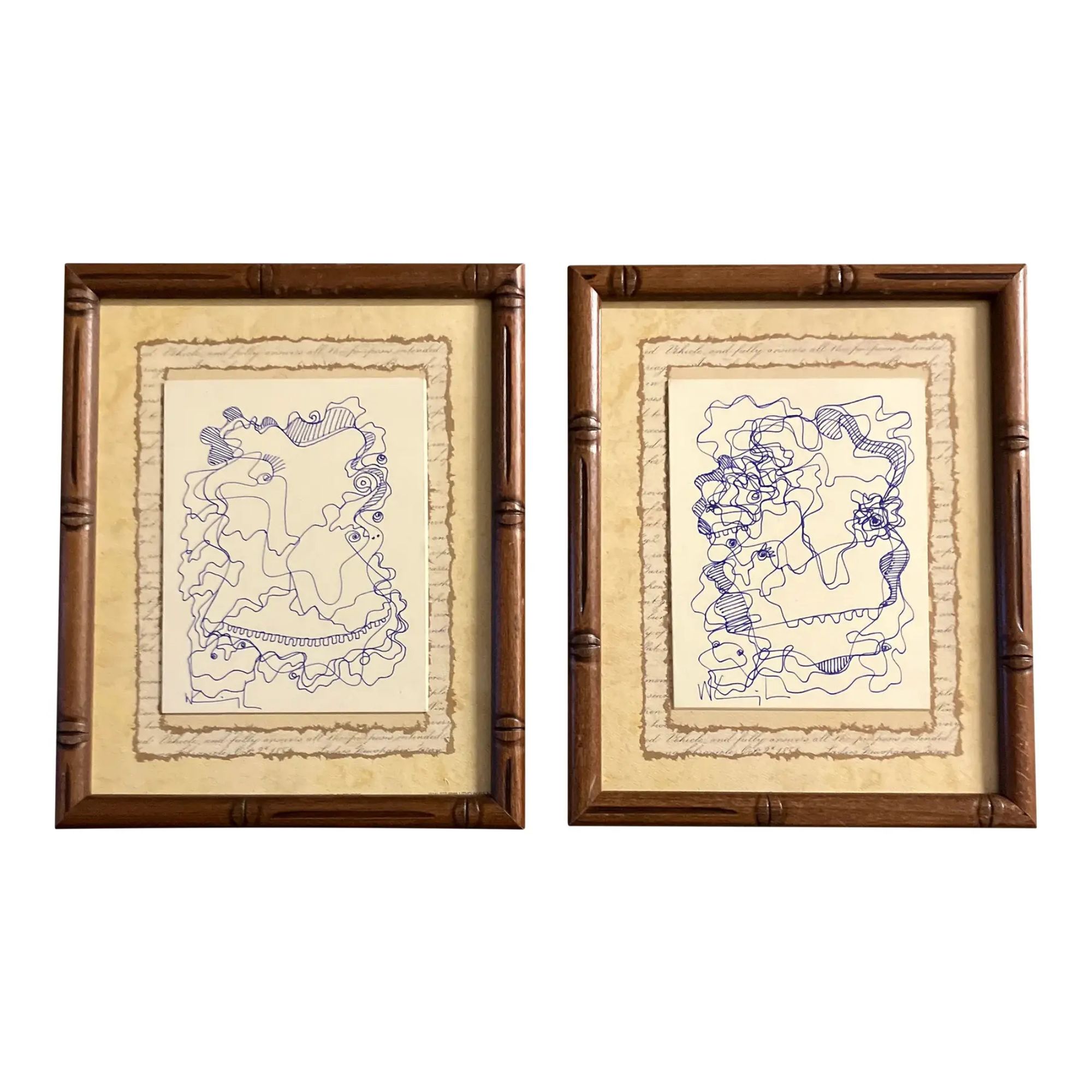 1980’s Original Wayne Cunningham Abstract Blue Ink Drawings Vintage Frames-A Pair