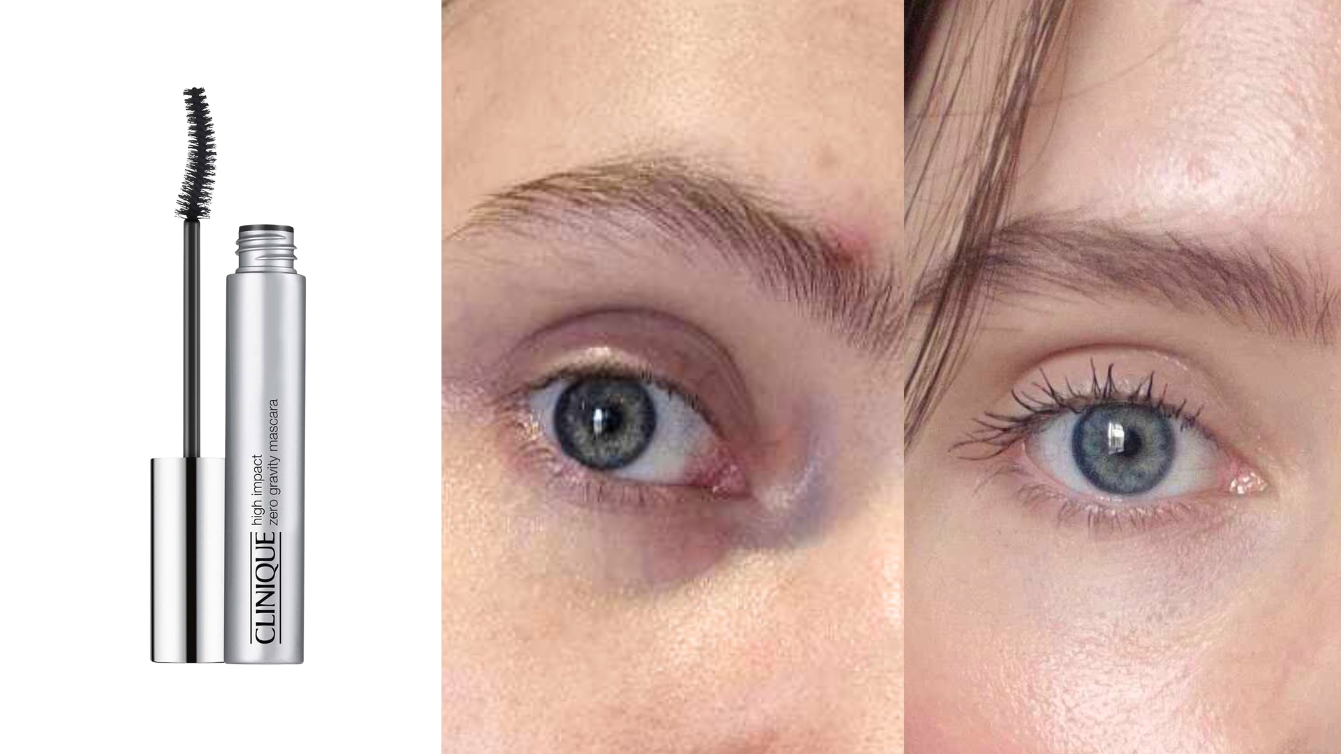 An image of the Clinique High Impact Zero Gravity Mascara on the left, next to a before and after comparison of Naomi Jamieson's lashes wearing the Clinique High Impact Zero Gravity Mascara