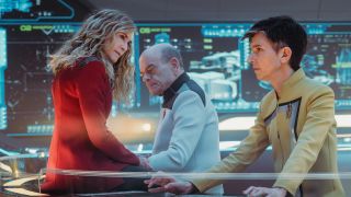 Nahla, The Doctor and Jett Reno on the USS Athena deck in Star Trek: Starfleet Academy