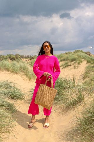 Zeena Shah wears pink knitted Amazon jumper and trouser set
