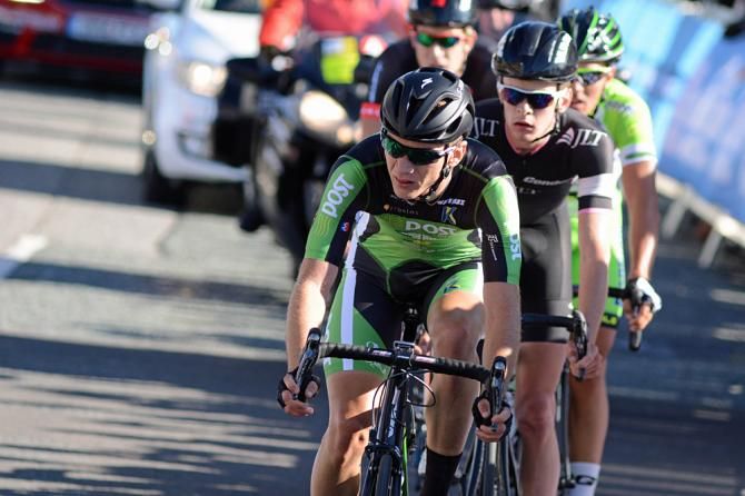 Mark McNally (An Post-Chainreaction) leads the four-man breakaway and earns the mountain jersey
