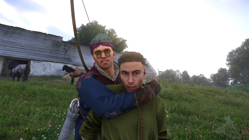 Henry chokes out a farmer while wearing absurd spectacles.