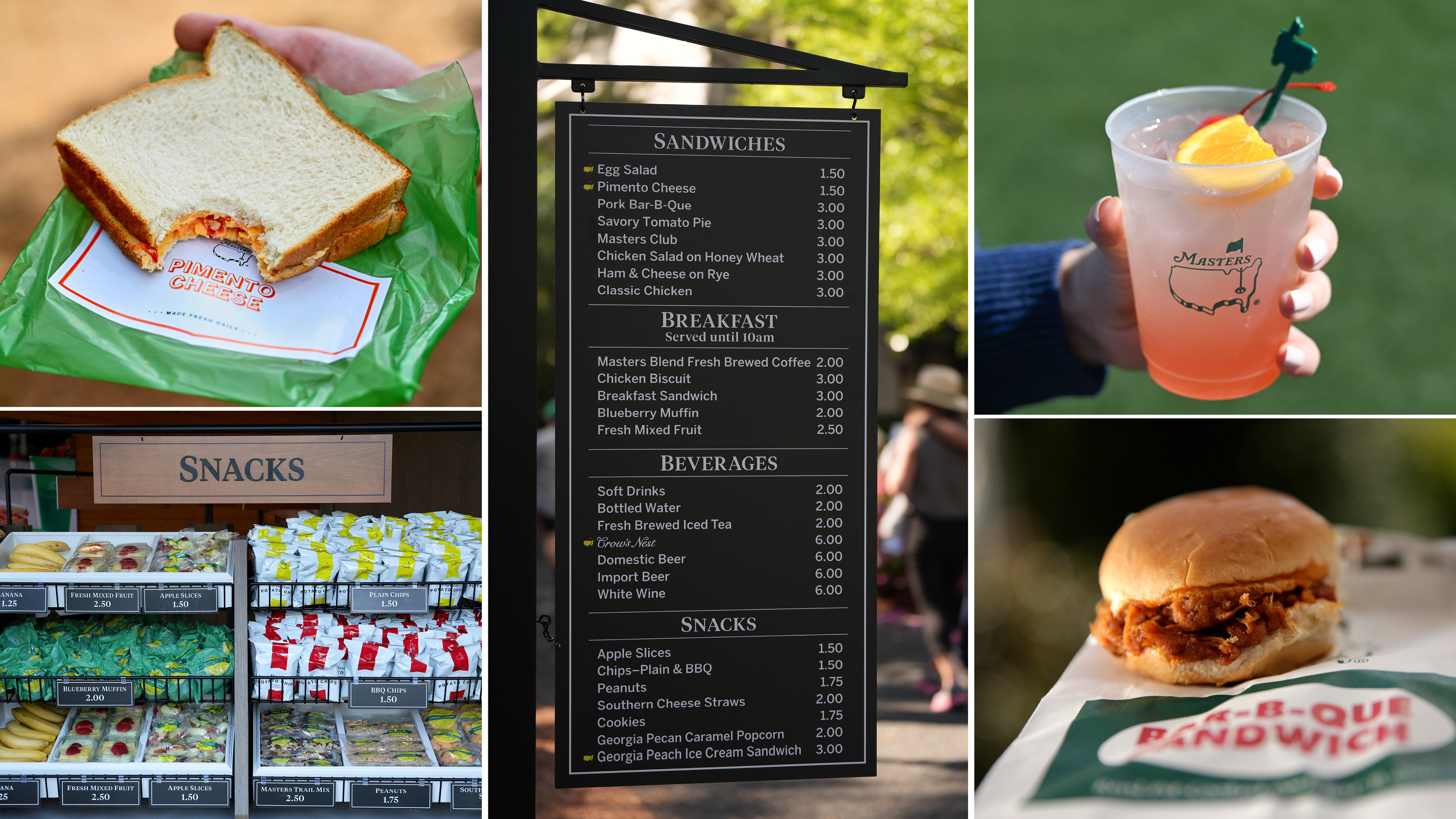 A variety of Masters concessions menu items including the full menu listed in the center