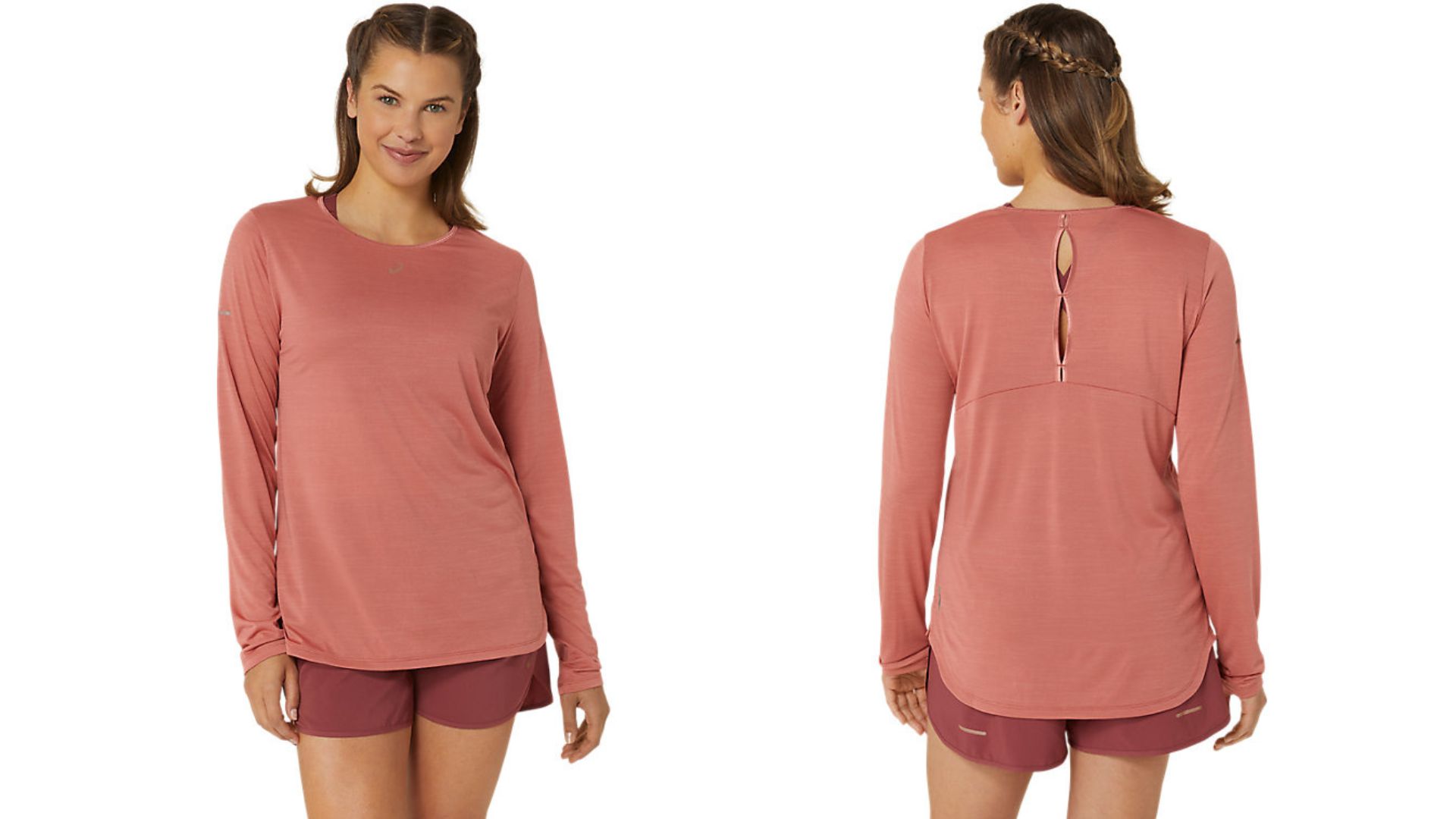 Asics Nagino Run Long Sleeve Top in light garnet, worn by model, front and back views
