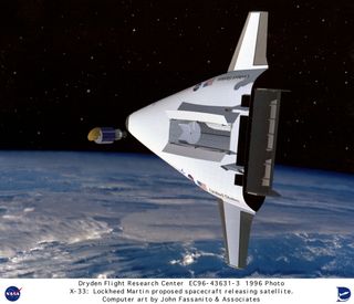 This is an artist's conception of the NASA/Lockheed Martin Single-Stage-To-Orbit (SSTO) Reusable Launch Vehicle (RLV) releasing a satellite into orbit around the Earth. The X-33 was designed to be a technology demonstrator vehicle for such a possible RLV. The RLV technology program was a cooperative agreement between NASA and industry.