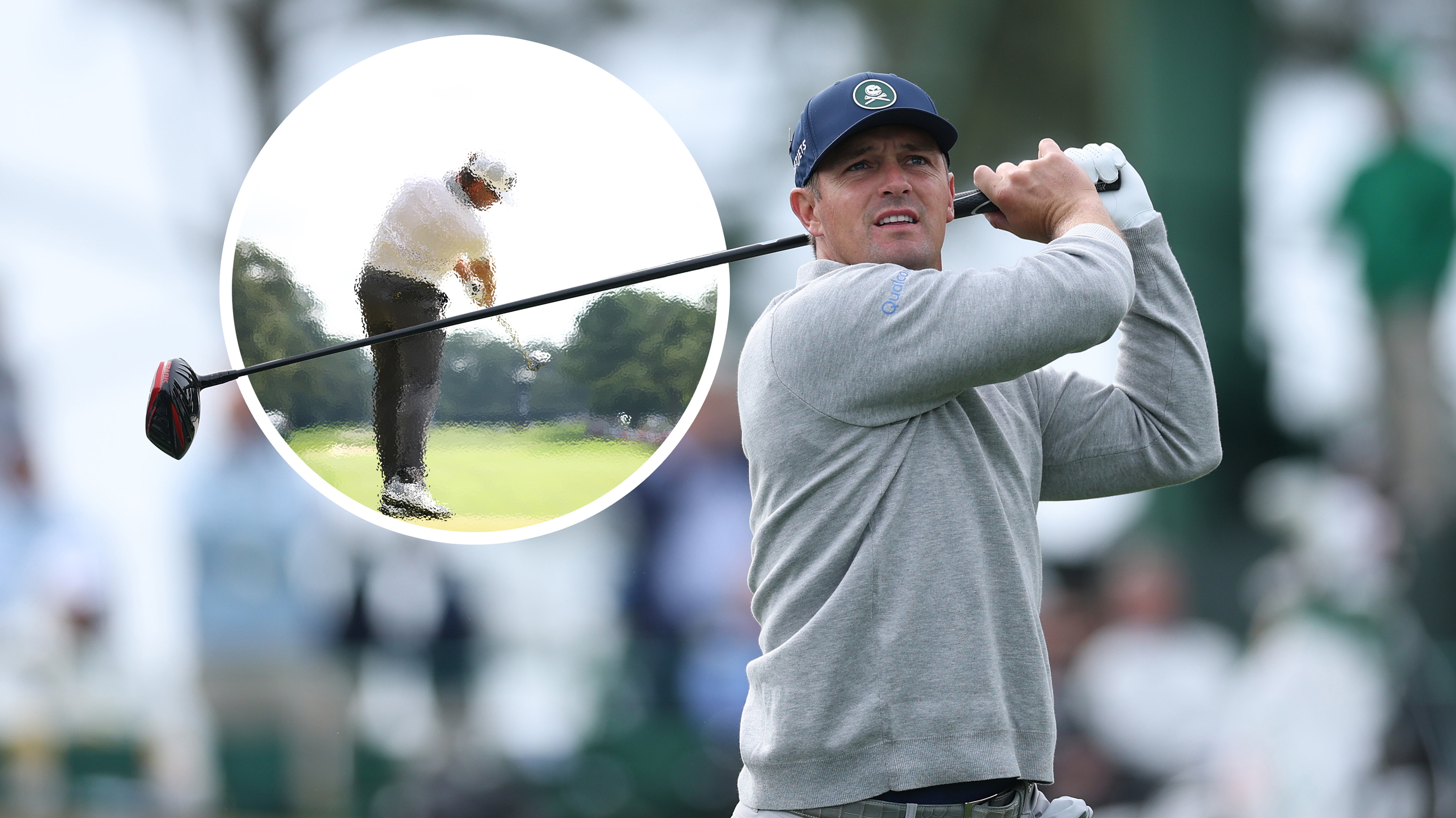 Bryson DeChambeau hitting driver at the Masters, with a blurred image of Corey Conners - the surprising player outdriving Bryson DeChambeau - hitting a tee shot with driver
