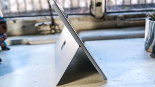 The Microsoft Surface Go 3 detached with kickstand open, in Display mode