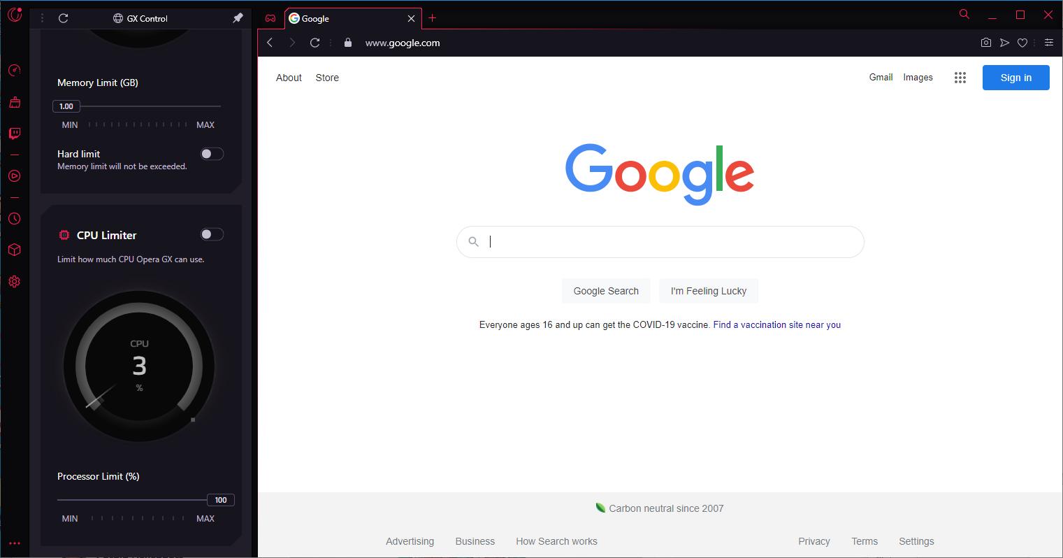 Opera homepage showing Google search engine