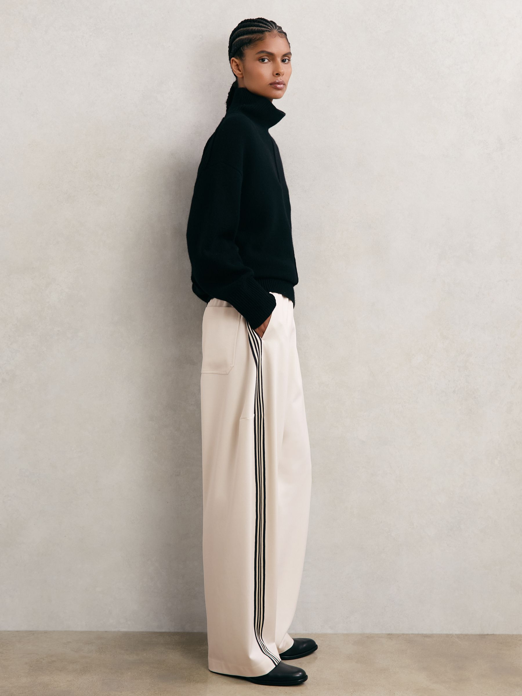 Barrel-Leg Side-Stripe Trousers in Cream