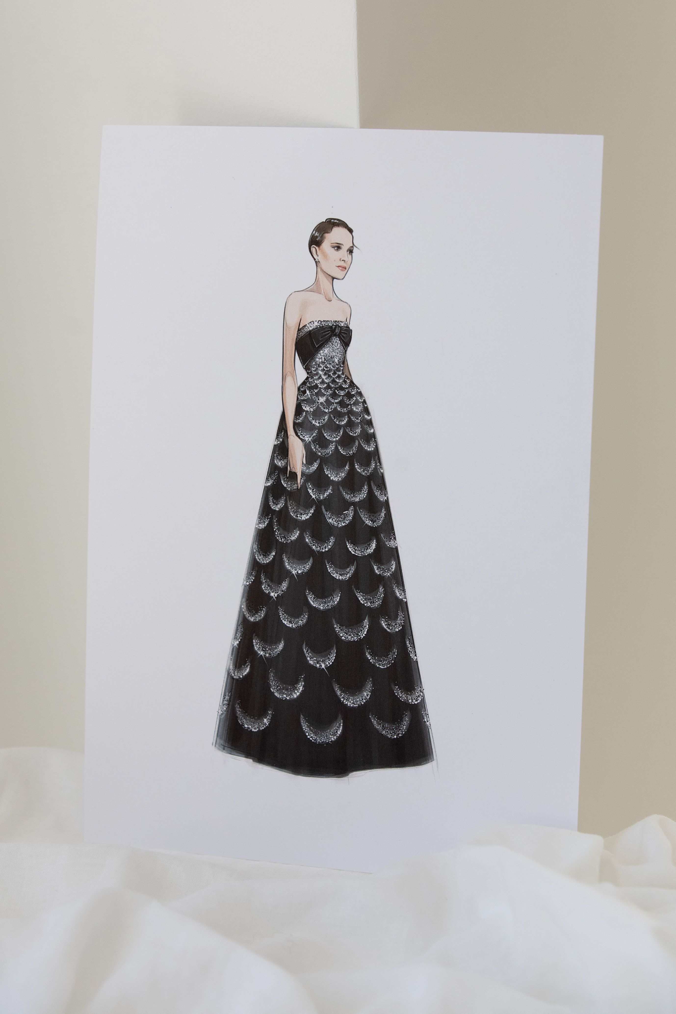 a sketch of natalie portman in her dior gown for cannes