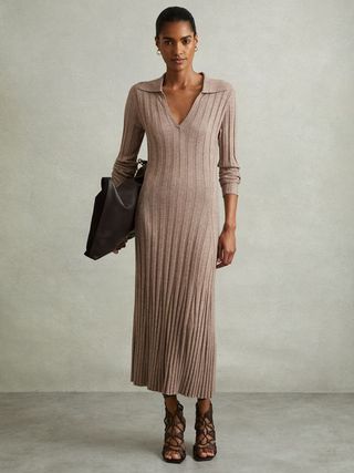 Reiss, Winnie Knitted Open Collar Midi Dress